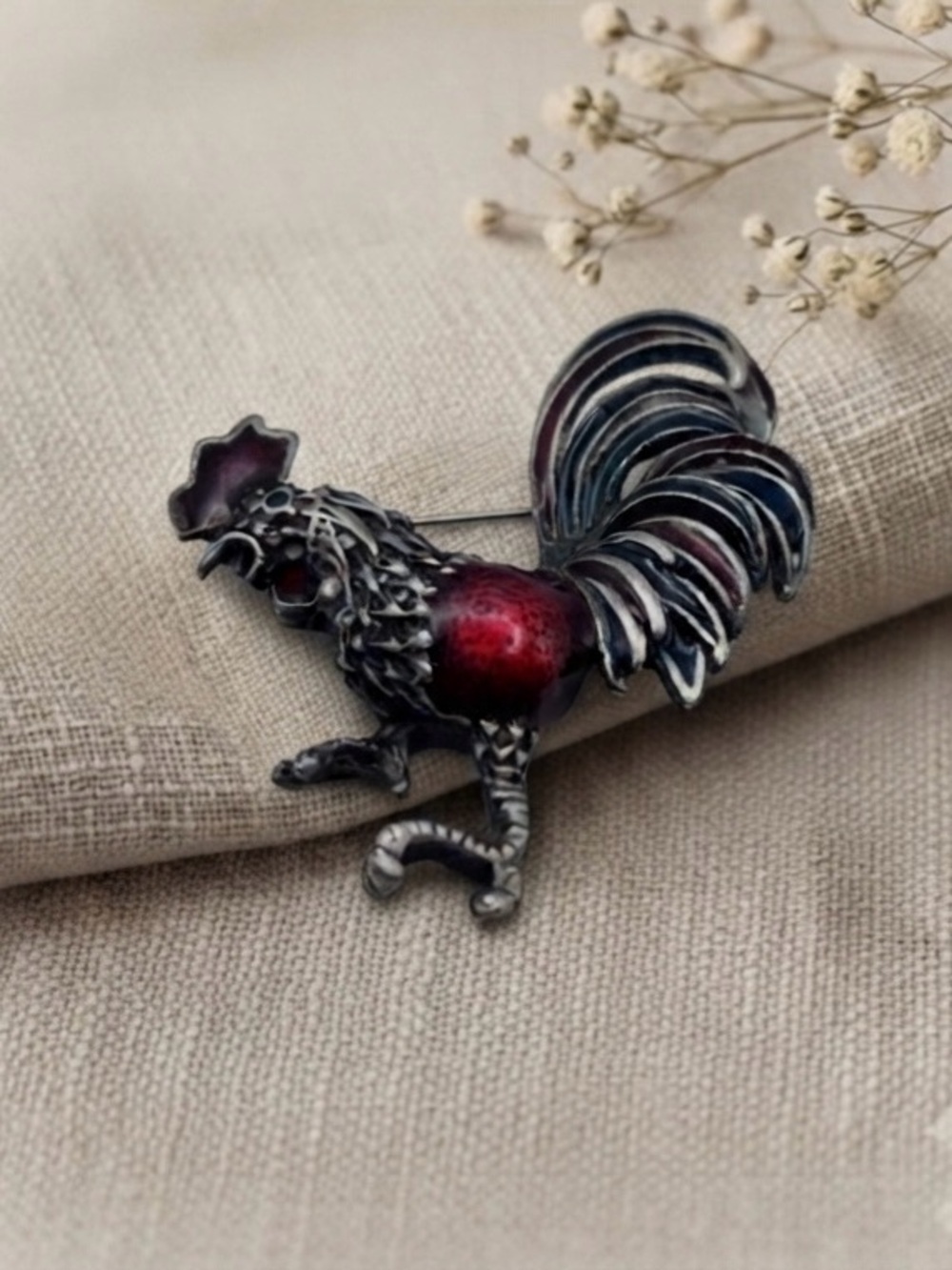 Vintage Enamel Rooster Brooch